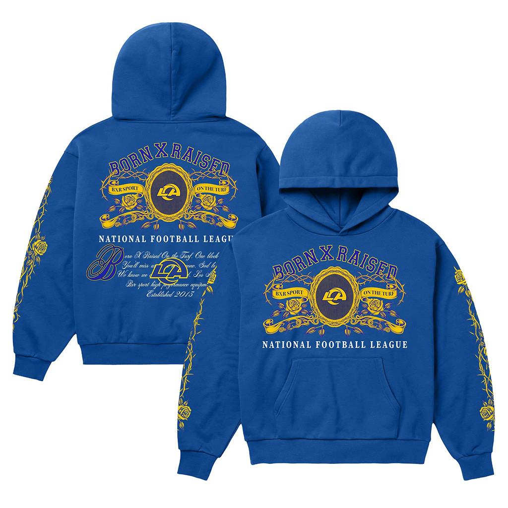 Los Angeles Rams Born X Raised NFL Merch LA Rams Crest Hoodie American Football Gifts Ideas 1 - Unicasport Los Angeles Rams Born X Raised NFL Merch LA Rams Crest Hoodie American Football Gifts Ideas