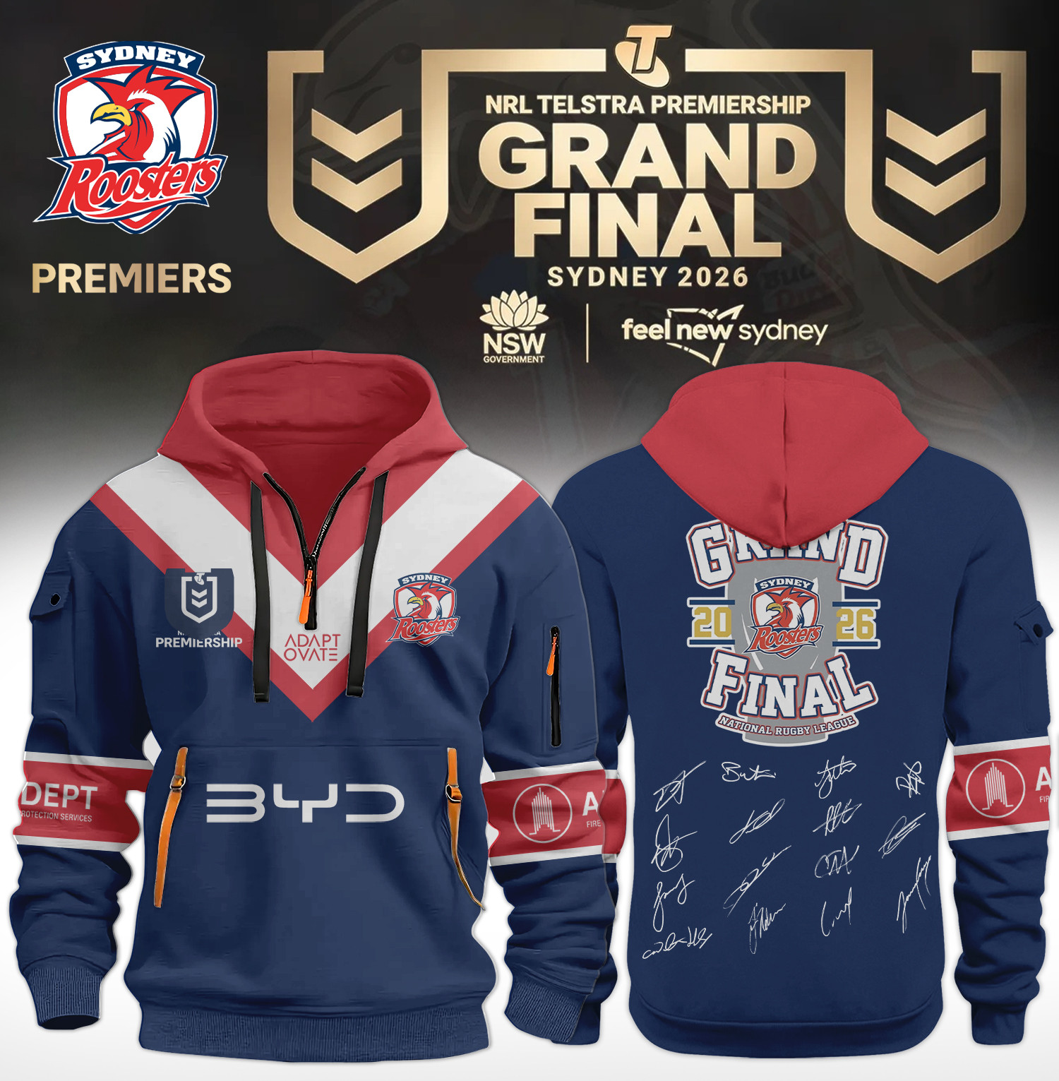 Sydney Roosters Merch 2026 NRL Premiers Half Zip Hoodie Presents For Roosters Family 1 - Unicasport Sydney Roosters Merch 2026 NRL Premiers Half Zip Hoodie Presents For Roosters Family