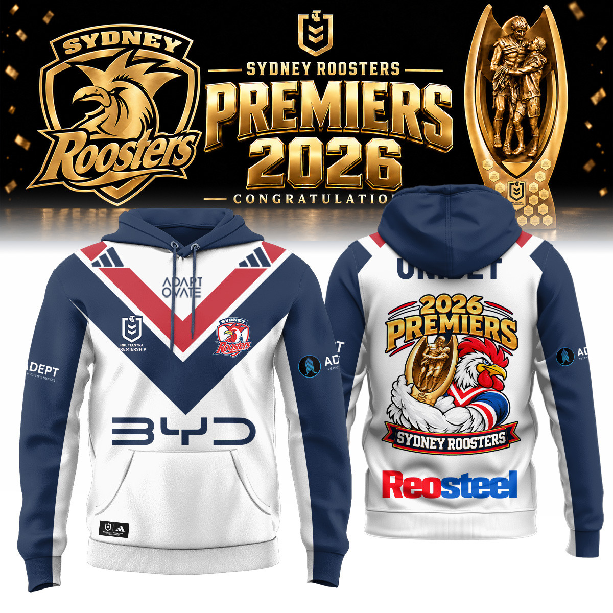 Sydney Roosters Merch 2026 NRL Premiers Hoodie Sydney Roosters Clothing Fans Gear