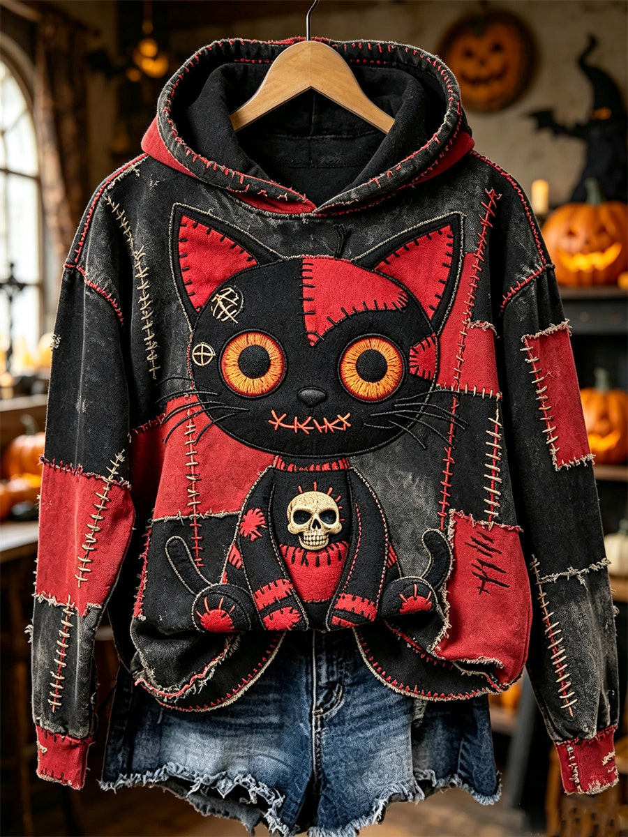Cute Voodoo Cat Patchwork Halloween Hoodie Cat Gothic Skeleton Pocket Apparel Outfit For Girlfriend 1 - Unicasport Cute Voodoo Cat Patchwork Halloween Hoodie Cat Gothic Skeleton Pocket Apparel Outfit For Girlfriend