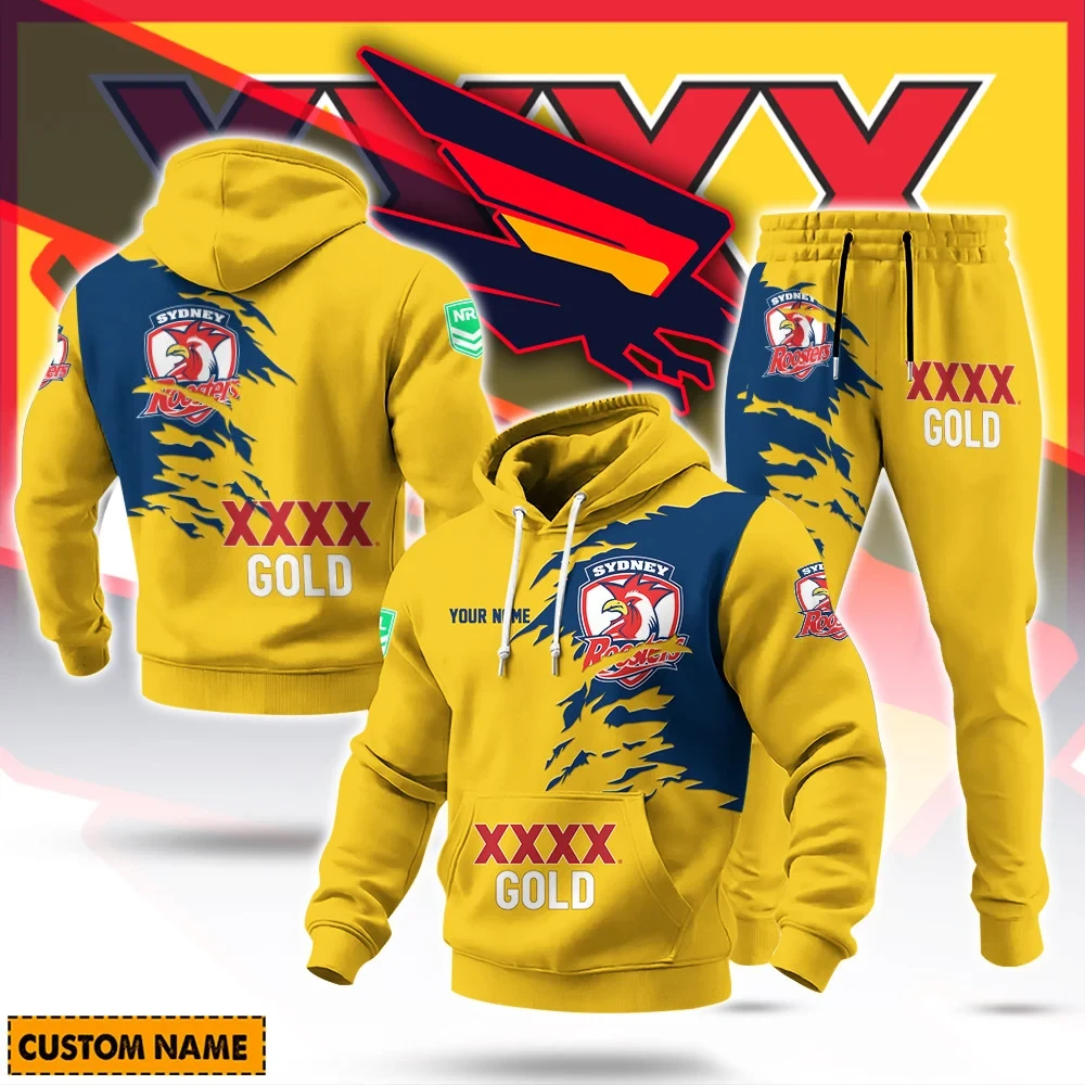 Sydney Roosters Merch X XXXX Gold Beer Hoodie And Sweatpants Gifts For Roosters Family