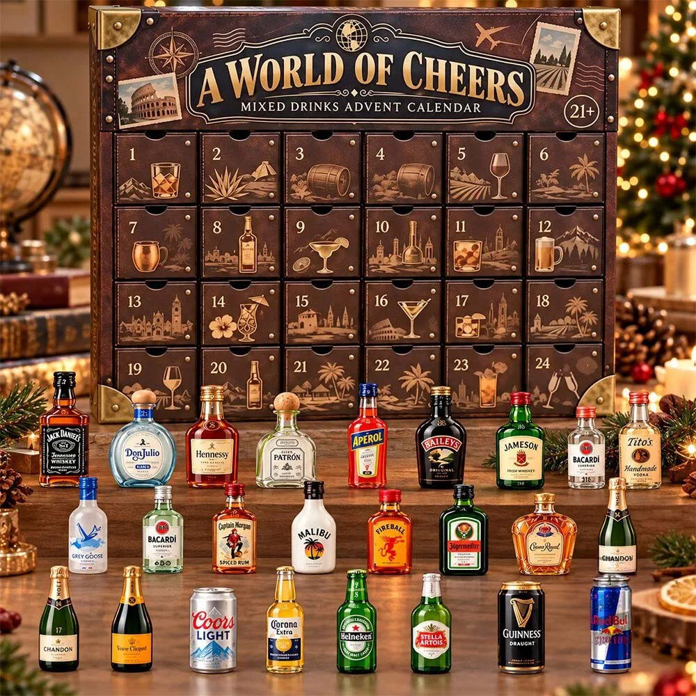 A World Of Cheers Mixed Drinks Advent Calendar 2026 24 Days Alcohol Bottle Ornament Gift For Mixology Lovers