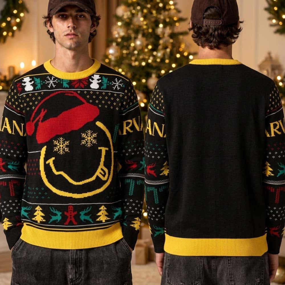Nirvana Christmas Icon Band Logo Black Background Ugly Christmas Sweater Gift For Fan 1 - Unicasport Nirvana Christmas Icon Band Logo Black Background Ugly Christmas Sweater Gift For Fan