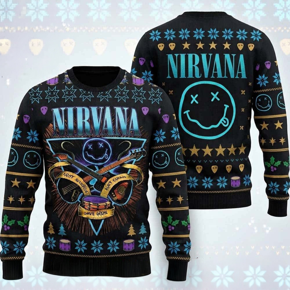 Nirvana Merch Kurt Cobain And Krist Novoselic Ugly Christmas Sweater Gift For Nirvana Fan