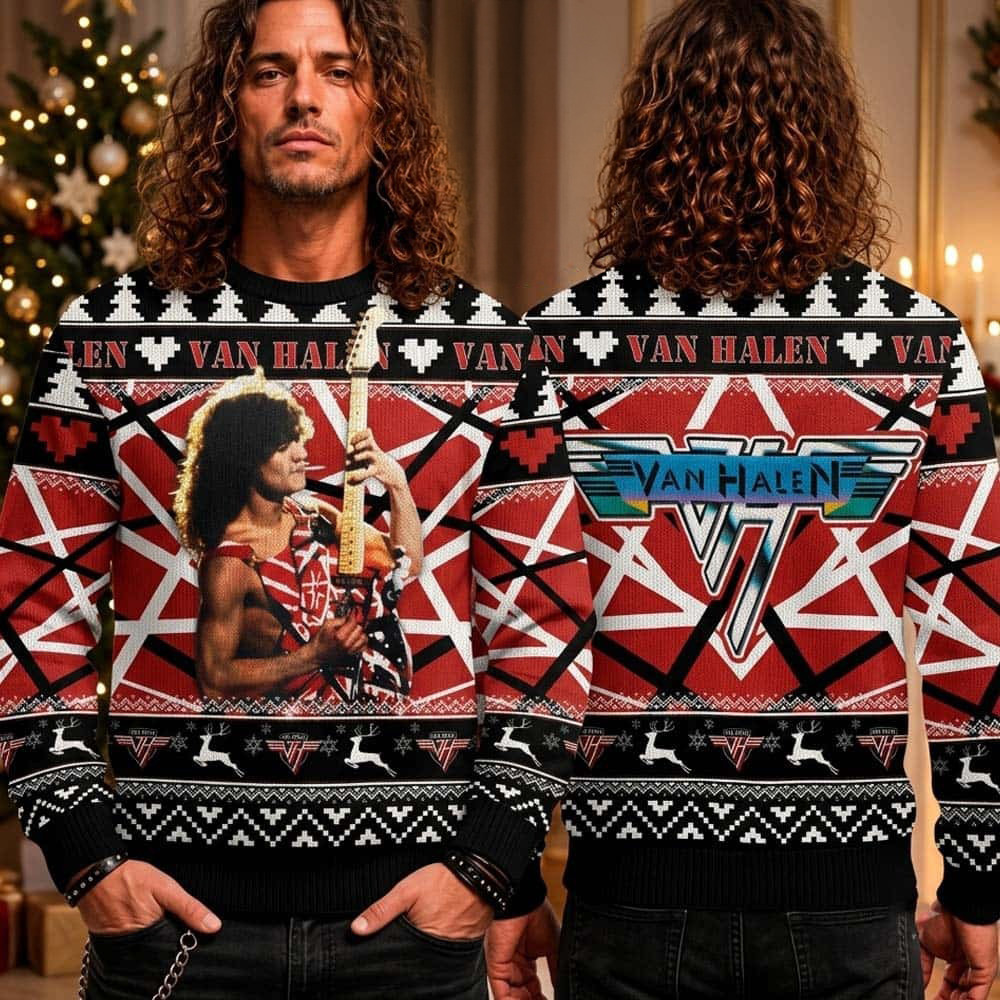 Van Halen Eddie Van Halen Playing Guitar Frankenstrat Stripes Logo Ugly Christmas Sweater Gift For Fan 1 - Unicasport Van Halen Eddie Van Halen Playing Guitar Frankenstrat Stripes Logo Ugly Christmas Sweater Gift For Fan