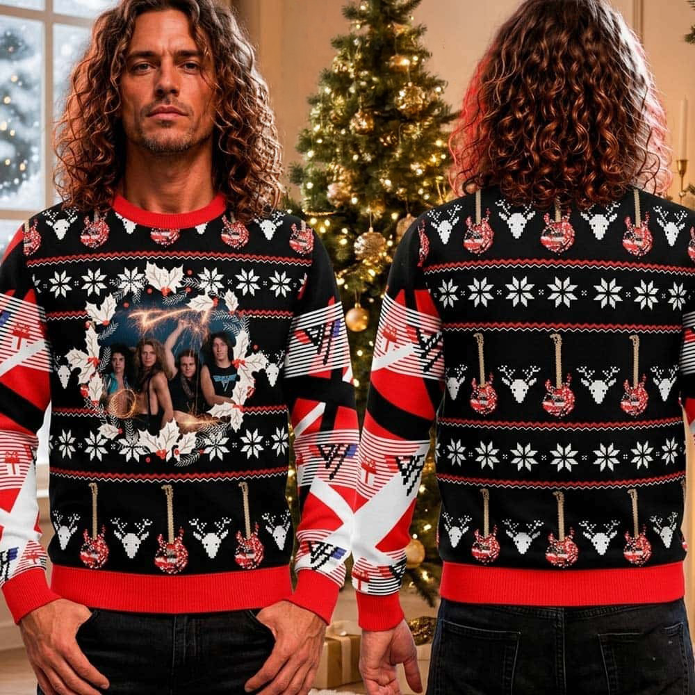 Van Halen Rock Band Merch Member Photo And Red Guitar Holiday Ugly Christmas Sweater Gift For Fan 1 - Unicasport Van Halen Rock Band Merch Member Photo And Red Guitar Holiday Ugly Christmas Sweater Gift For Fan