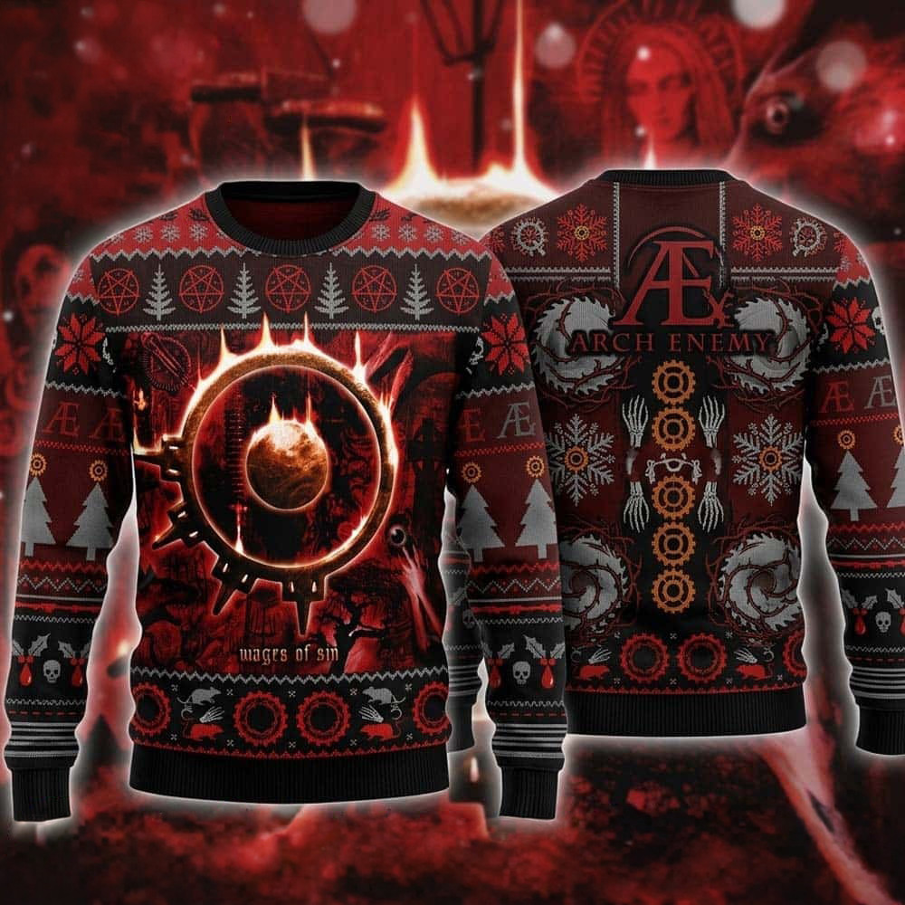 Arch Enemy Wages Of Sin Burning Cog Emblem Ugly Christmas Sweater Gift For Friends 1 - Unicasport Arch Enemy Wages Of Sin Burning Cog Emblem Ugly Christmas Sweater Gift For Friends