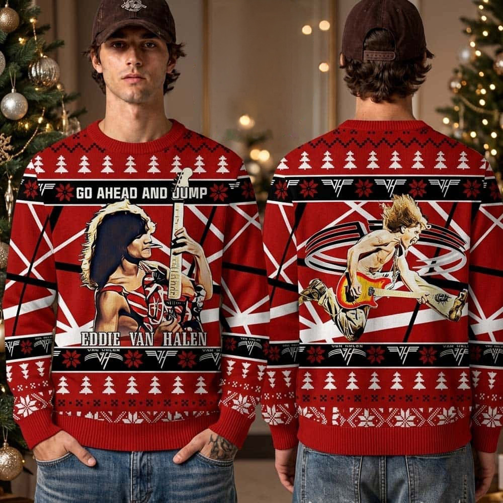 Eddie Van Halen Merch Go Ahead And Jump Red Striped Guitar Ugly Christmas Sweater Gift For Fan 1 - Unicasport Eddie Van Halen Merch Go Ahead And Jump Red Striped Guitar Ugly Christmas Sweater Gift For Fan