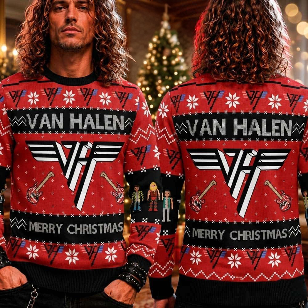 Van Halen Rock Band Merch Logo Frankenstrat Guitar Merry Christmas 2026 Ugly Christmas Sweater Fan Gift 1 - Unicasport Van Halen Rock Band Merch Logo Frankenstrat Guitar Merry Christmas 2026 Ugly Christmas Sweater Fan Gift