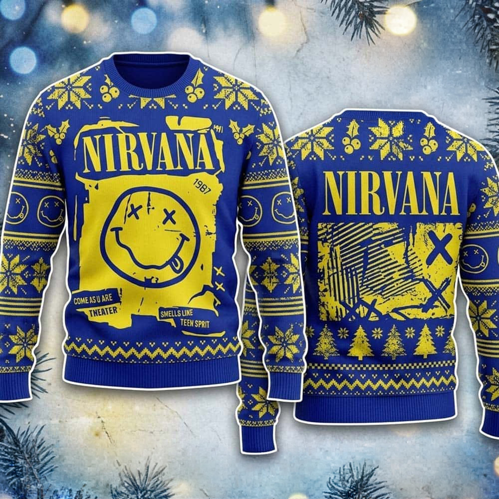 Nirvana Rock Smiley Smells Like Teen Spirit And Come As U Are Graphic 2026 Ugly Christmas Sweater Fan Gift 1 - Unicasport Nirvana Rock Smiley Smells Like Teen Spirit And Come As U Are Graphic 2026 Ugly Christmas Sweater Fan Gift