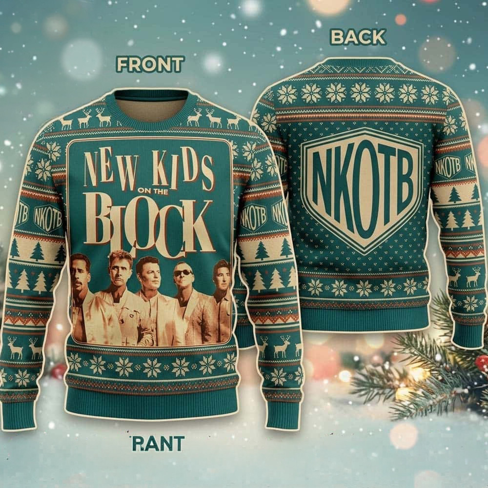 New Kids On The Block Merch NKOTB Crest Logo And Band Members Photo Ugly Christmas Sweater Fan Gift 1 - Unicasport New Kids On The Block Merch NKOTB Crest Logo And Band Members Photo Ugly Christmas Sweater Fan Gift