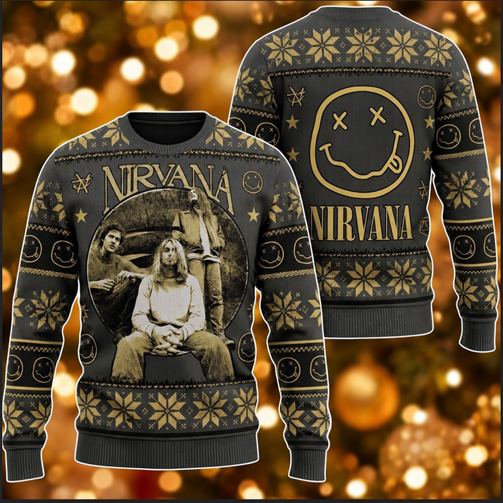 Nirvana Band Merch Kurt Cobain Band Photo Smiley 2026 Ugly Christmas Sweater Fan Gift 1 - Unicasport Nirvana Band Merch Kurt Cobain Band Photo Smiley 2026 Ugly Christmas Sweater Fan Gift