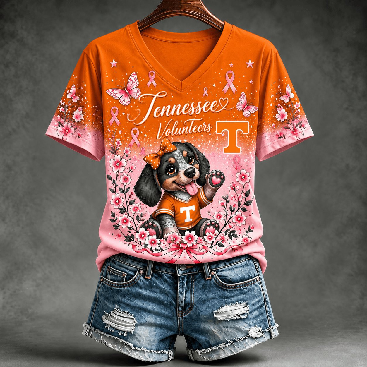 Tennessee Volunteers V-Neck Pink Ribbon Floral Game Day Gift For Game Day Fans