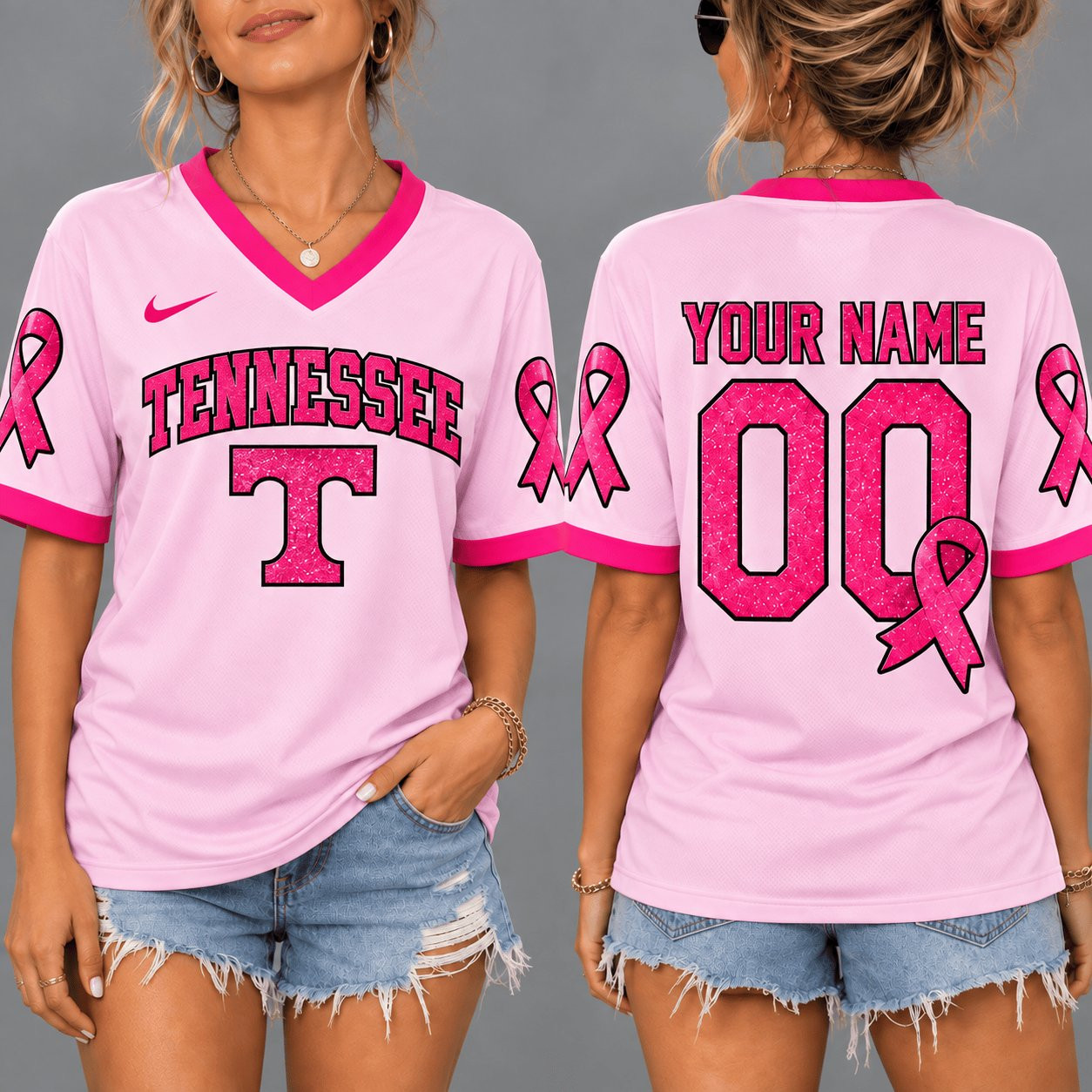 Custom Tennessee Volunteers V-Neck Pink Ribbon Game Day Spirit Gift For Families