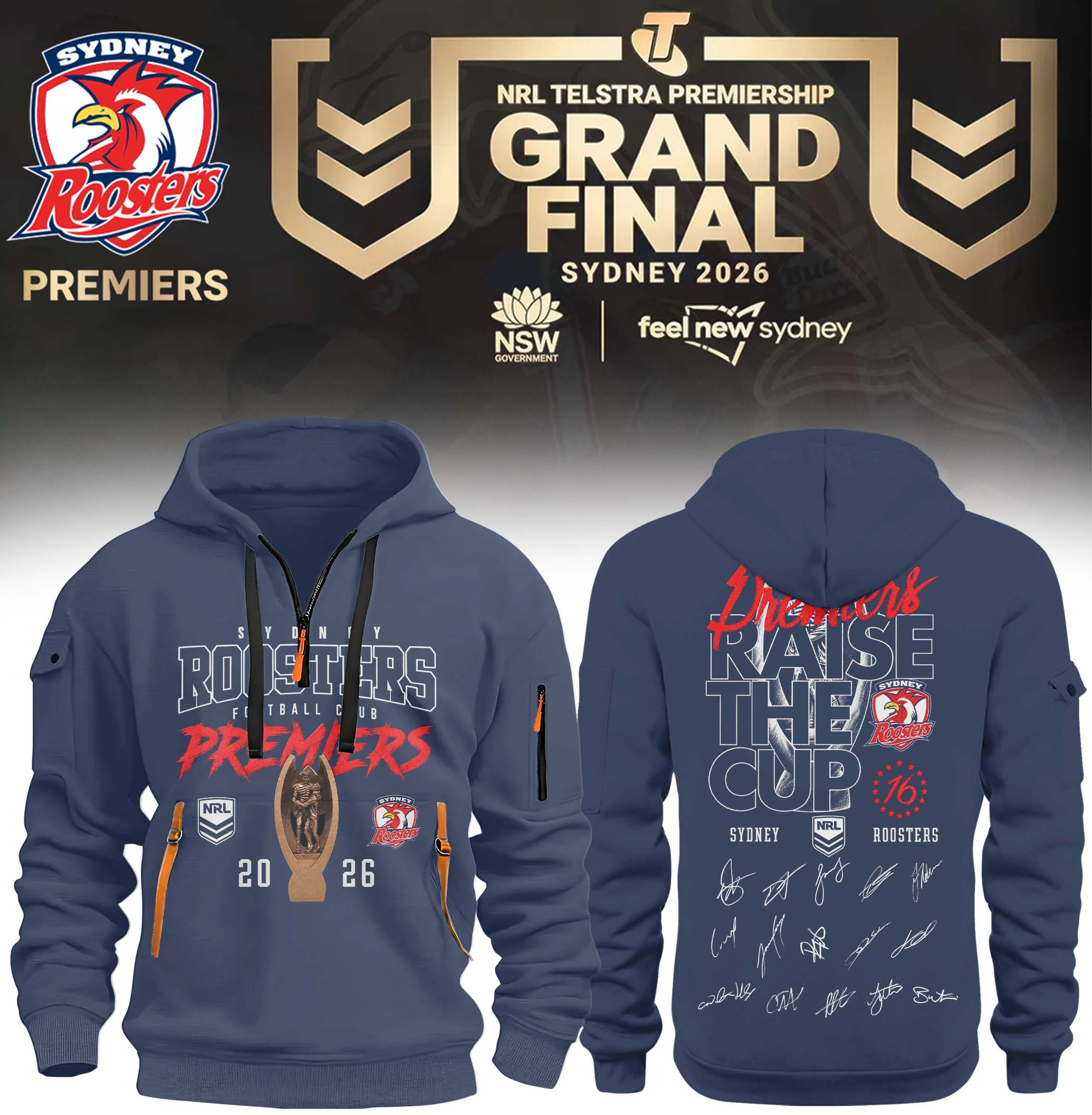 Sydney Roosters Merch 2026 NRL Premiers Signed Half Zip Hoodie Present For Husband 1 - Unicasport Sydney Roosters Merch 2026 NRL Premiers Signed Half Zip Hoodie Present For Husband