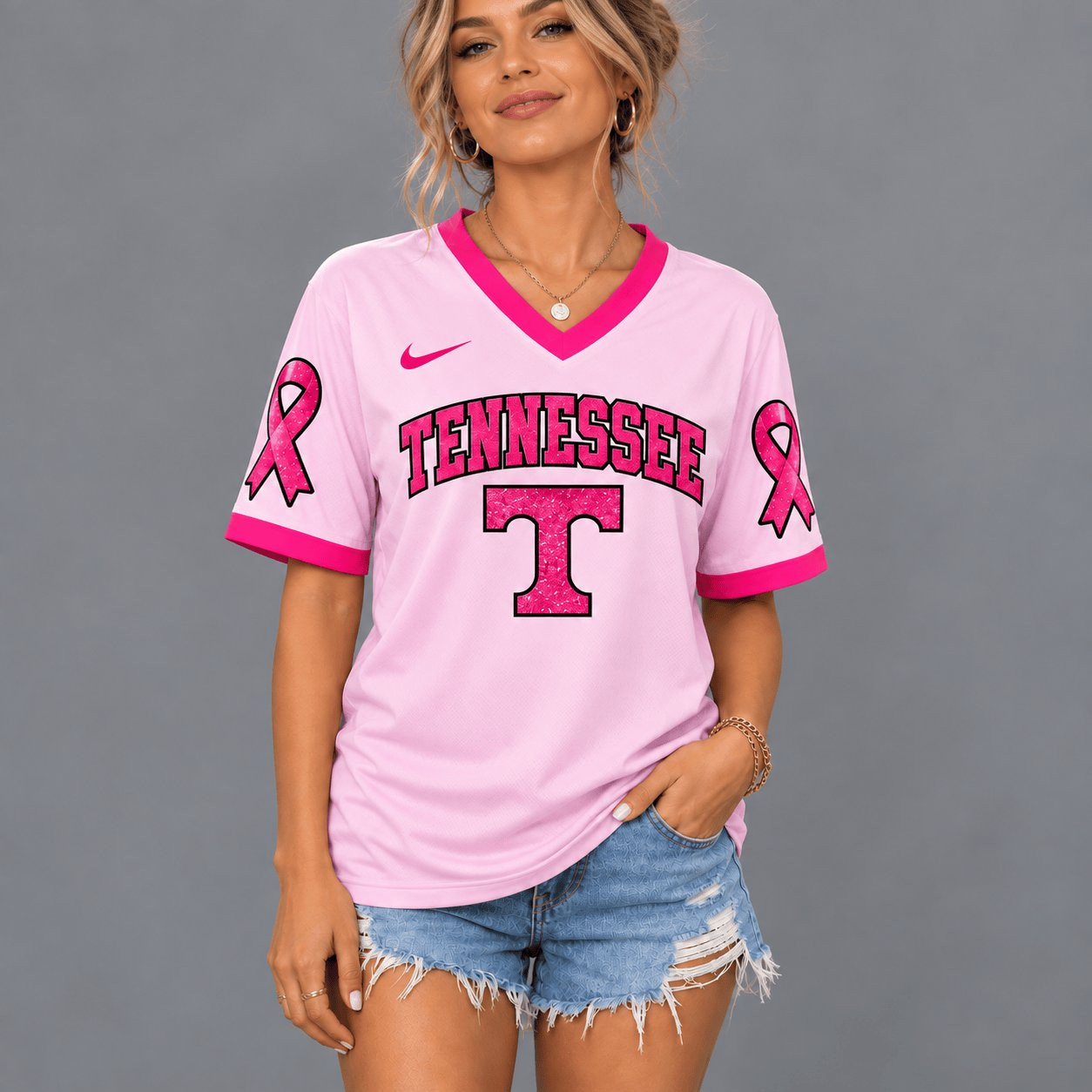 Tennessee Volunteers V-Neck Pink Ribbon Game Day Spirit Gift For Best Friends