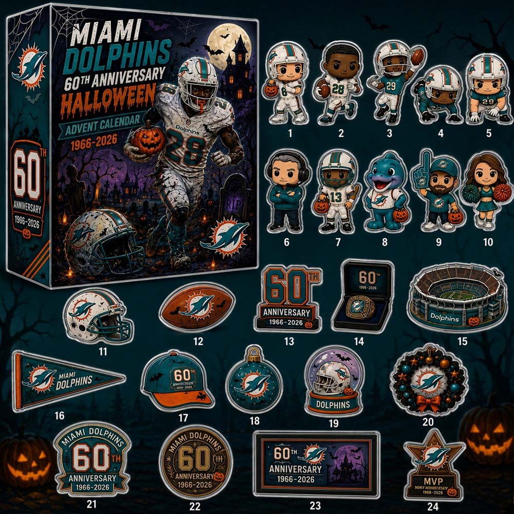 Miami Dolphins 60th Anniversary 2026 Halloween Advent Calendar 24 Acrylic Ornament Christmas Countdown Gift