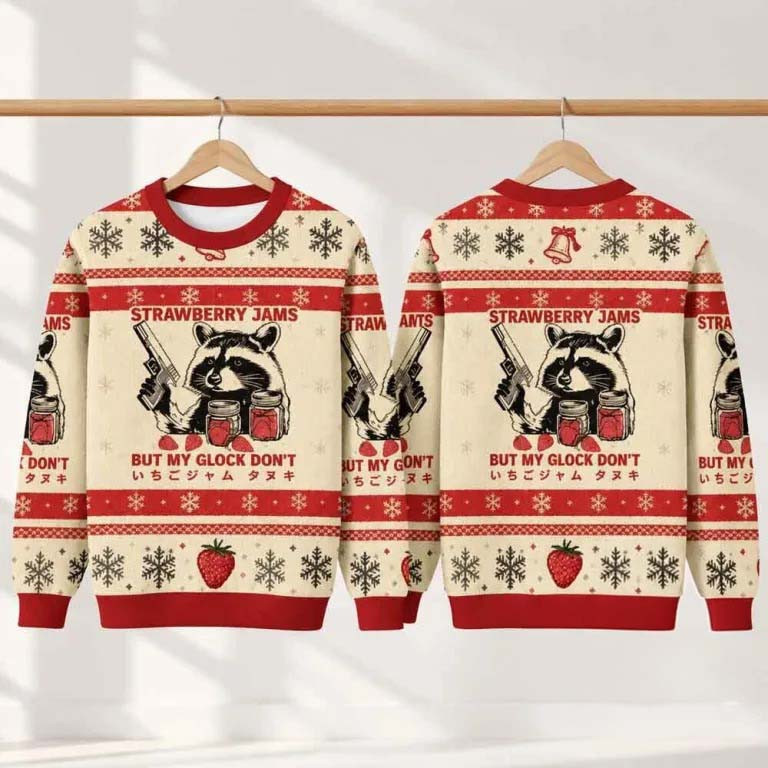 Strawberry Jams Merch Glock Raccoon Meme Christmas Ugly Sweater 2026 Holiday Gift For Friends 1 - Unicasport Strawberry Jams Merch Glock Raccoon Meme Christmas Ugly Sweater 2026 Holiday Gift For Friends