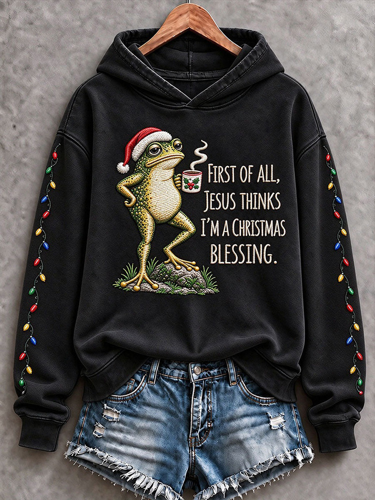 First Of All Jesus Thinks I'm A Christmas Blessing Hoodie Funny Frog Clothing Gift For Her 1 - Unicasport First Of All Jesus Thinks I'm A Christmas Blessing Hoodie Funny Frog Clothing Gift For Her