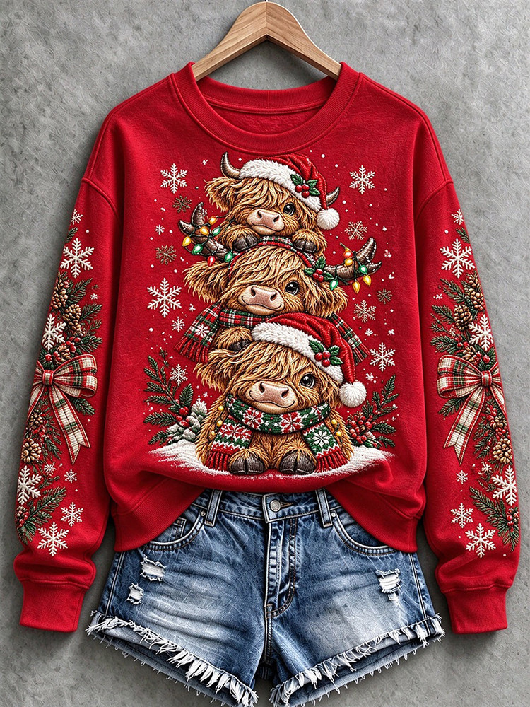 Stacked Highland Cows Christmas Sweatshirt Cute Cow Christmas Clothing Gift For Mom 1 - Unicasport Stacked Highland Cows Christmas Sweatshirt Cute Cow Christmas Clothing Gift For Mom