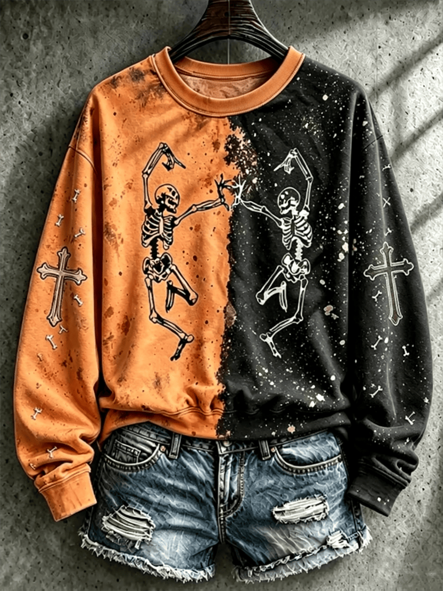 Abstract Aesthetic Halloween Orange Black Sweatshirt Vintage Gothic Skeleton Apparel Gifts For Holiday Lover 1 - Unicasport Abstract Aesthetic Halloween Orange Black Sweatshirt Vintage Gothic Skeleton Apparel Gifts For Holiday Lover