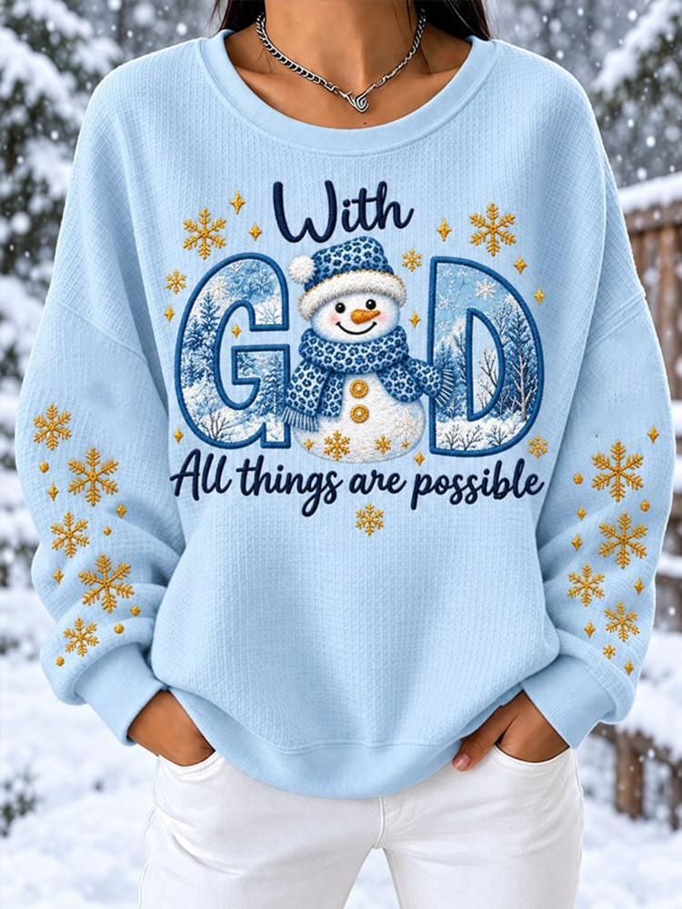 With God All Things Are Possible Snowman Sweatshirt Christian Winter Clothing Gift For Her 1 - Unicasport With God All Things Are Possible Snowman Sweatshirt Christian Winter Clothing Gift For Her