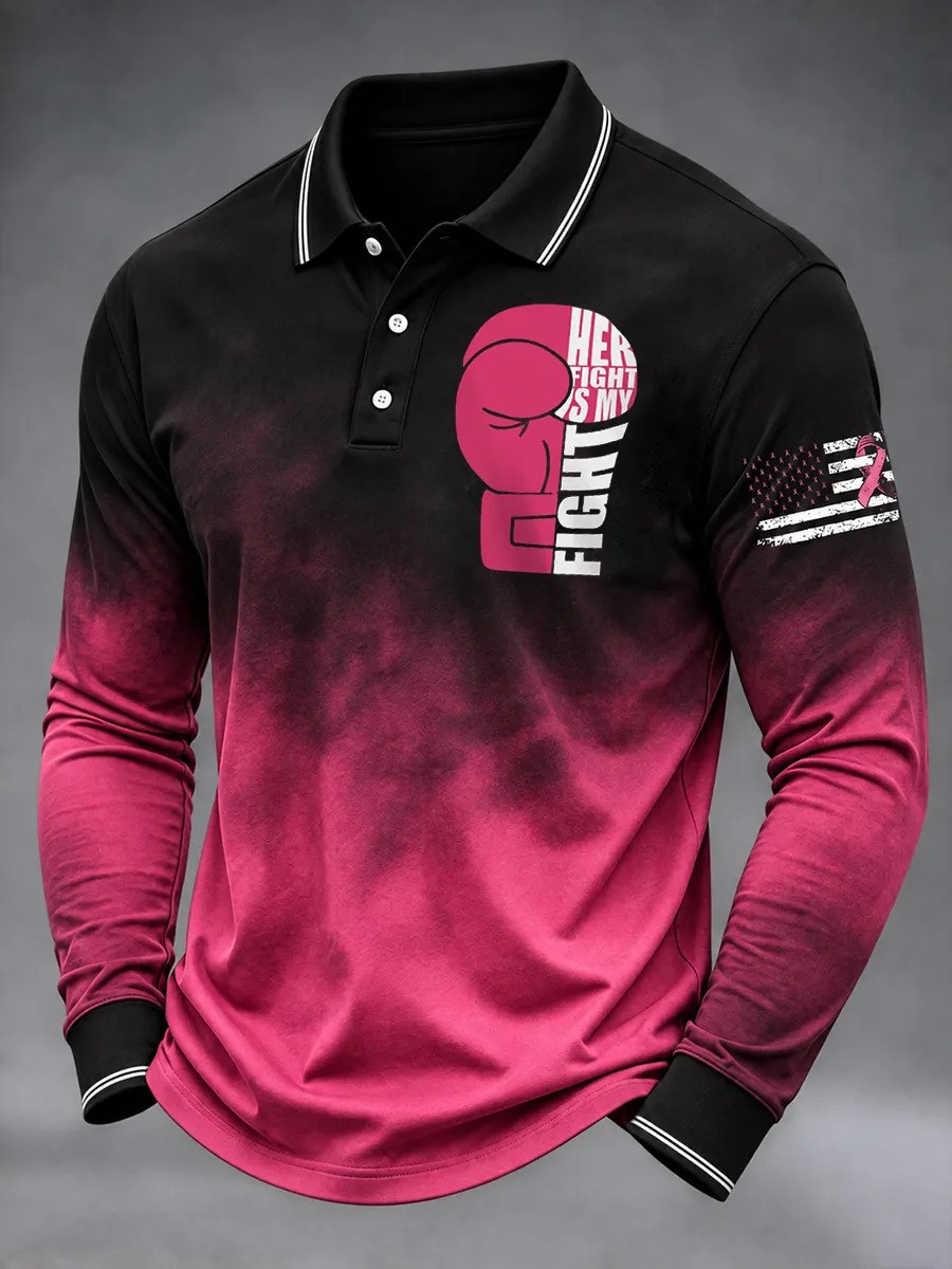 Breast Cancer Awareness Merch Polo Long Sleeve Shirt Pink Ribbon Apparel Gift For Him