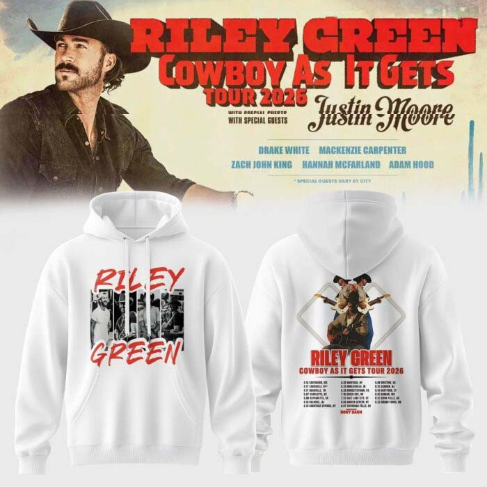 Riley Green Merch Cowboy As It Gets Tour 2026 White Hoodie Unique Concert Fans Gear Ideas