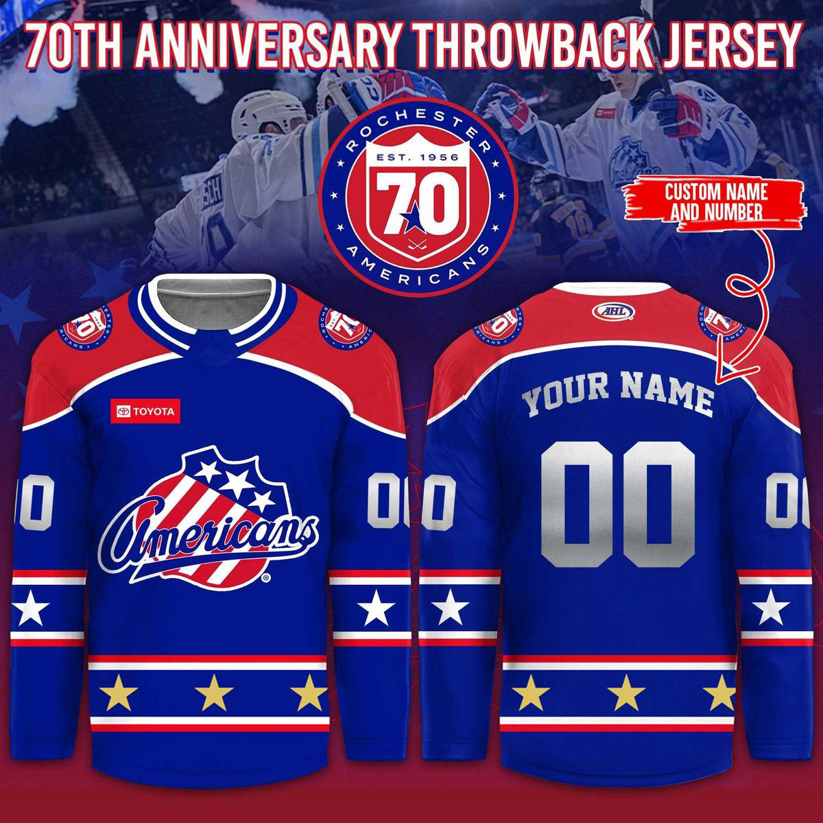 Custom Rochester Americans Merch 70th Anniversary 1956 2026 Blue Hockey Jersey Shirt Fans Gear