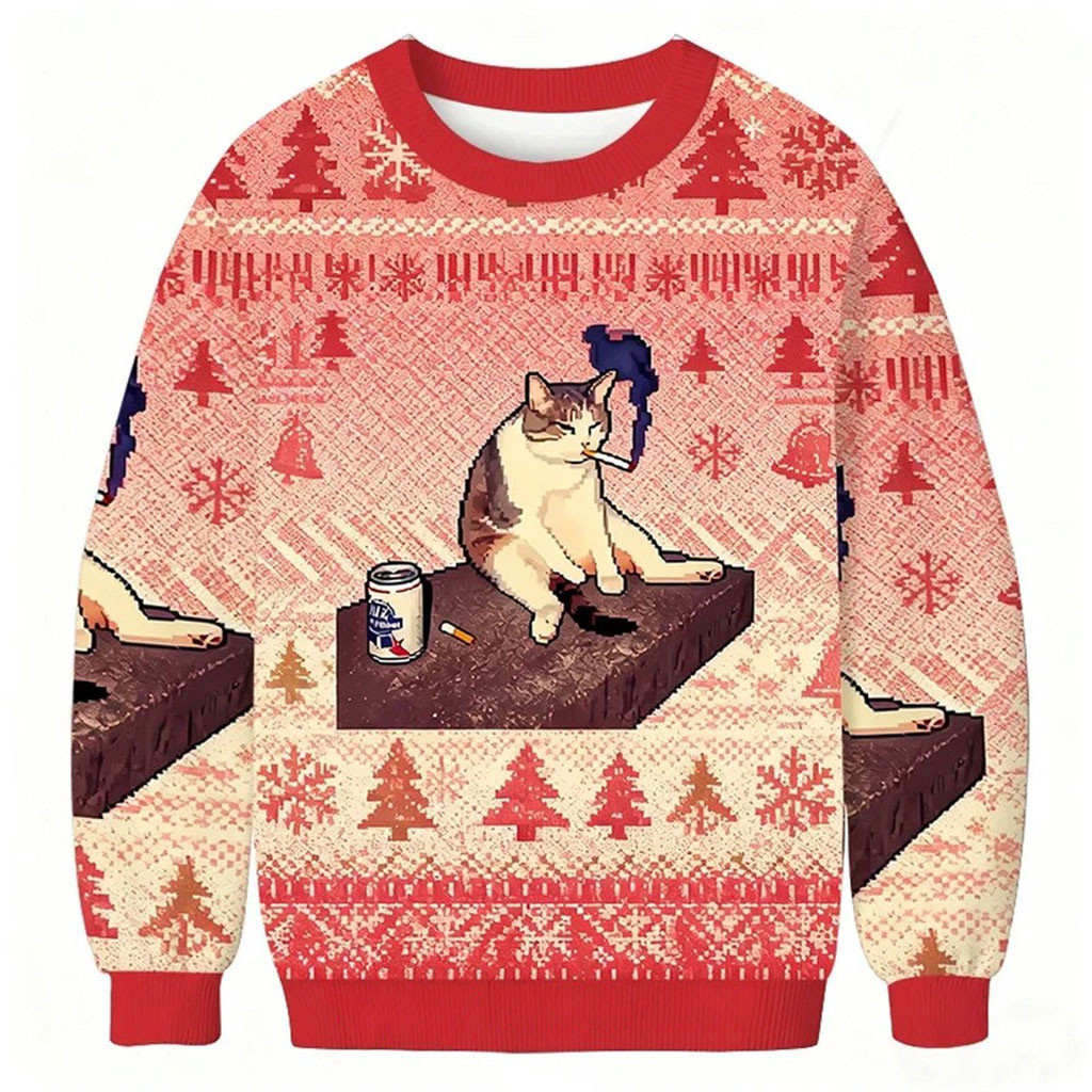 2026 Cigarette Kitten Funny Smoking Cat Meme Christmas Ugly Sweater Holiday Gifts For Cat Lovers