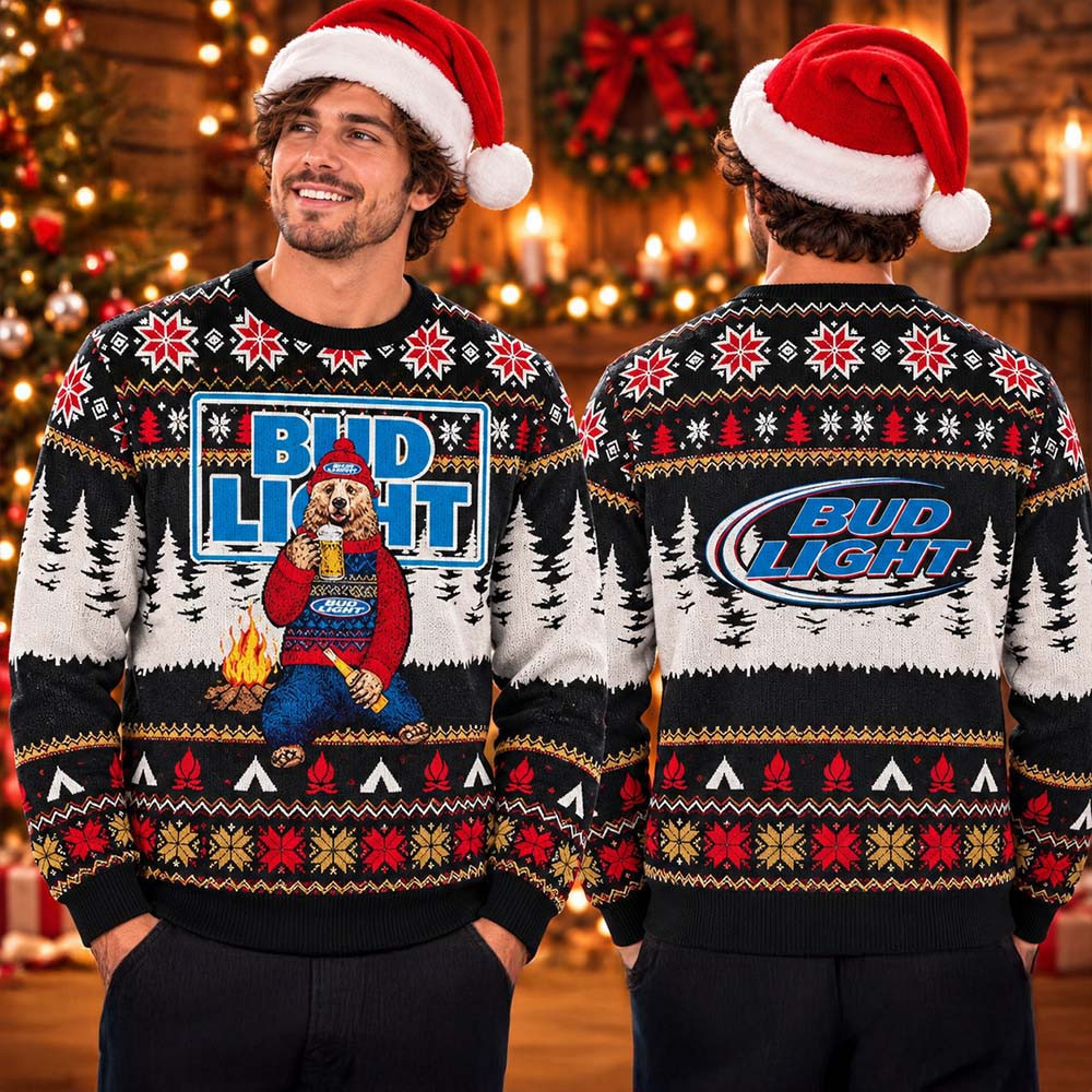 Bud Light Big Logo Bear Drinking Bud Light Funny Ugly Sweater 2026 Christmas Apparel Xmas Gifts 1 - Unicasport Bud Light Big Logo Bear Drinking Bud Light Funny Ugly Sweater 2026 Christmas Apparel Xmas Gifts