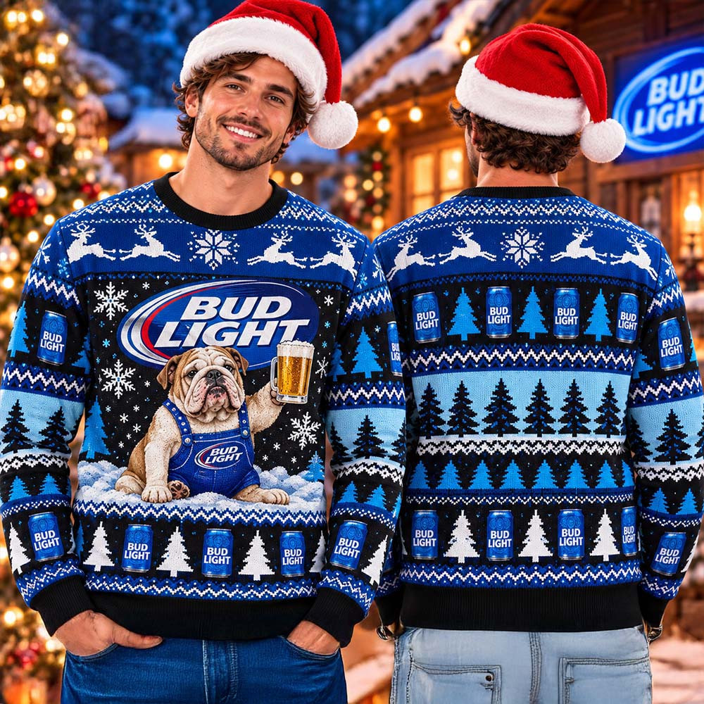 Bud Light Funny Bulldog Cheeromg Bud Light Beer In The Snowly Night Ugly Christmas Sweater Xmas Gifts For Brother 1 - Unicasport Bud Light Funny Bulldog Cheeromg Bud Light Beer In The Snowly Night Ugly Christmas Sweater Xmas Gifts For Brother