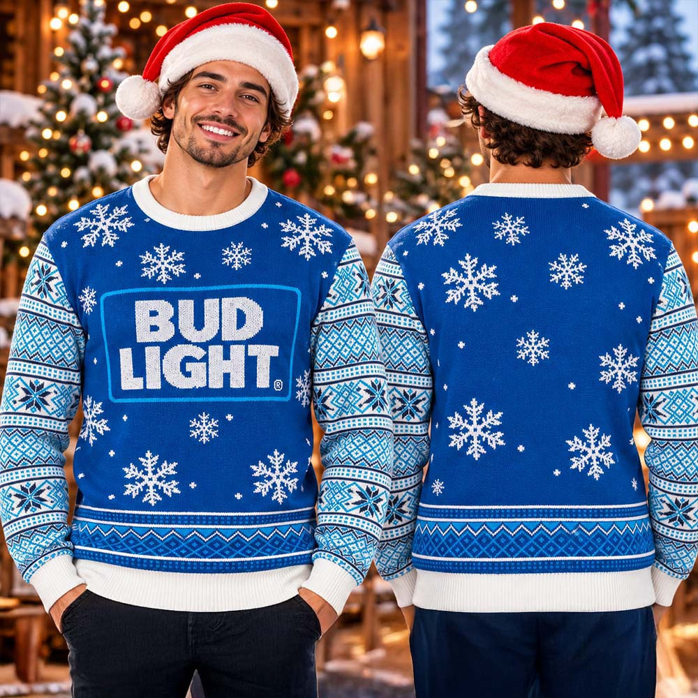 Bud Light Big Logo Blue And White Snowflakes Detail Christmas Ugly Sweater Xmas Gifts For Him 1 - Unicasport Bud Light Big Logo Blue And White Snowflakes Detail Christmas Ugly Sweater Xmas Gifts For Him