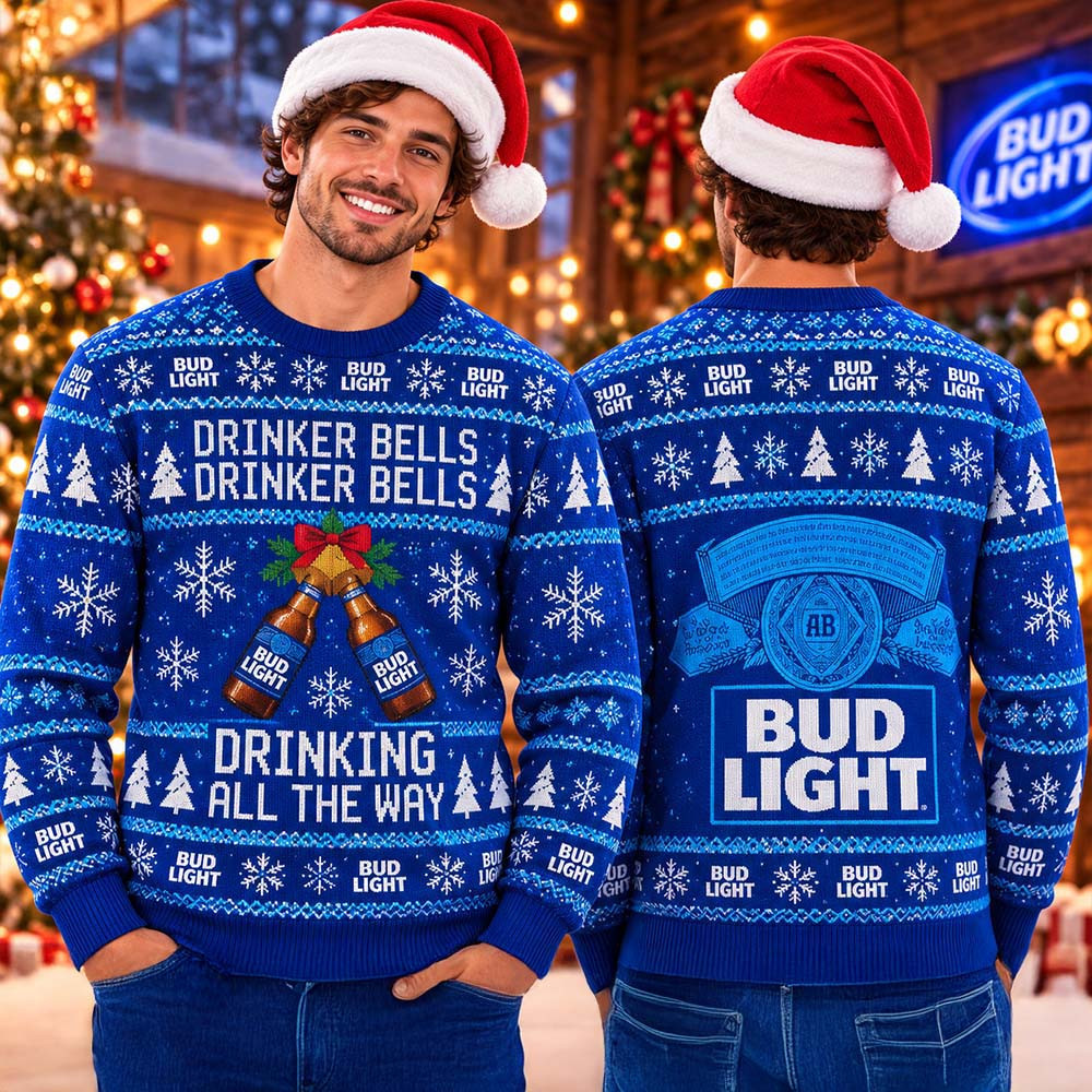 Bud Light Cheering Drinker Bells Drinker Bells Drinking All The Way Funny Xmas Ugly Sweater Gifts For Him 1 - Unicasport Bud Light Cheering Drinker Bells Drinker Bells Drinking All The Way Funny Xmas Ugly Sweater Gifts For Him