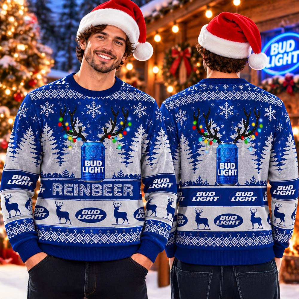 Bud Light Reinbeer Platinum Funny Blue Christmas Ugly Sweater Xmas Clothing Christmas Gifts For Brother 1 - Unicasport Bud Light Reinbeer Platinum Funny Blue Christmas Ugly Sweater Xmas Clothing Christmas Gifts For Brother