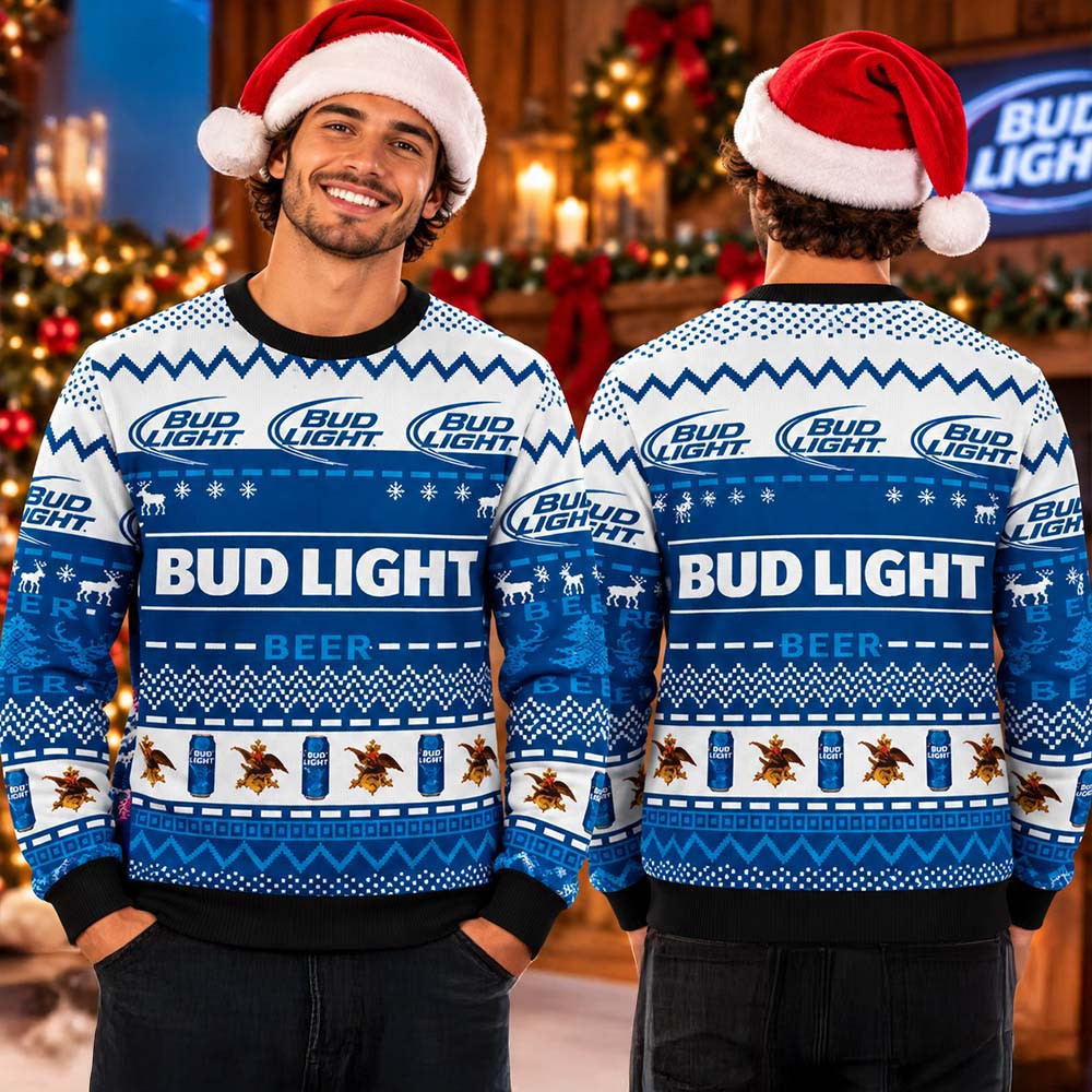 Bud Light Beer Logo And Cans Christmas Pattern Holiday Ugly Sweater 2026 Xmas Gifts For Beer Lovers 1 - Unicasport Bud Light Beer Logo And Cans Christmas Pattern Holiday Ugly Sweater 2026 Xmas Gifts For Beer Lovers