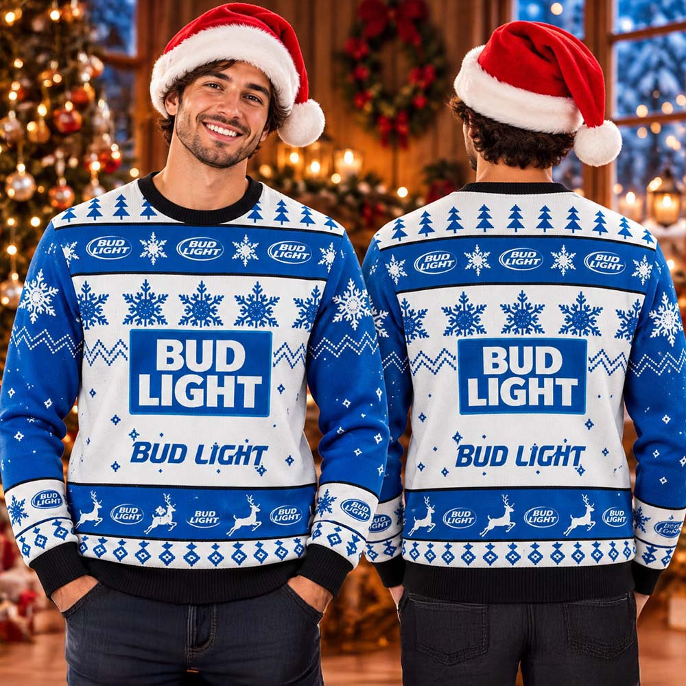 Bud Light Beer Snowflakes And Deer Knitting Pattern Holiday Ugly Sweater Christmas Gift For Him 1 - Unicasport Bud Light Beer Snowflakes And Deer Knitting Pattern Holiday Ugly Sweater Christmas Gift For Him