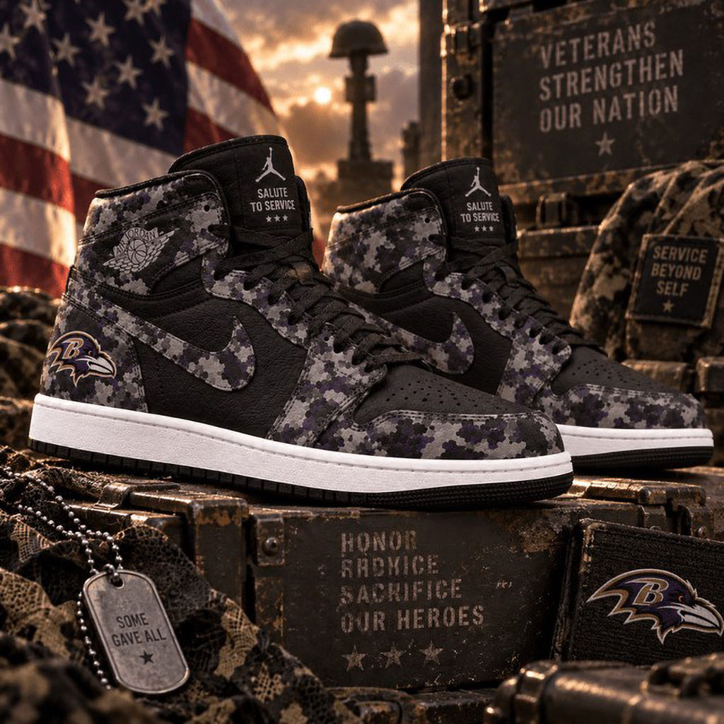 Baltimore Ravens 2026 Salute To Service Black Camo Shoes Baltimore Ravens Merch Football Sneaker