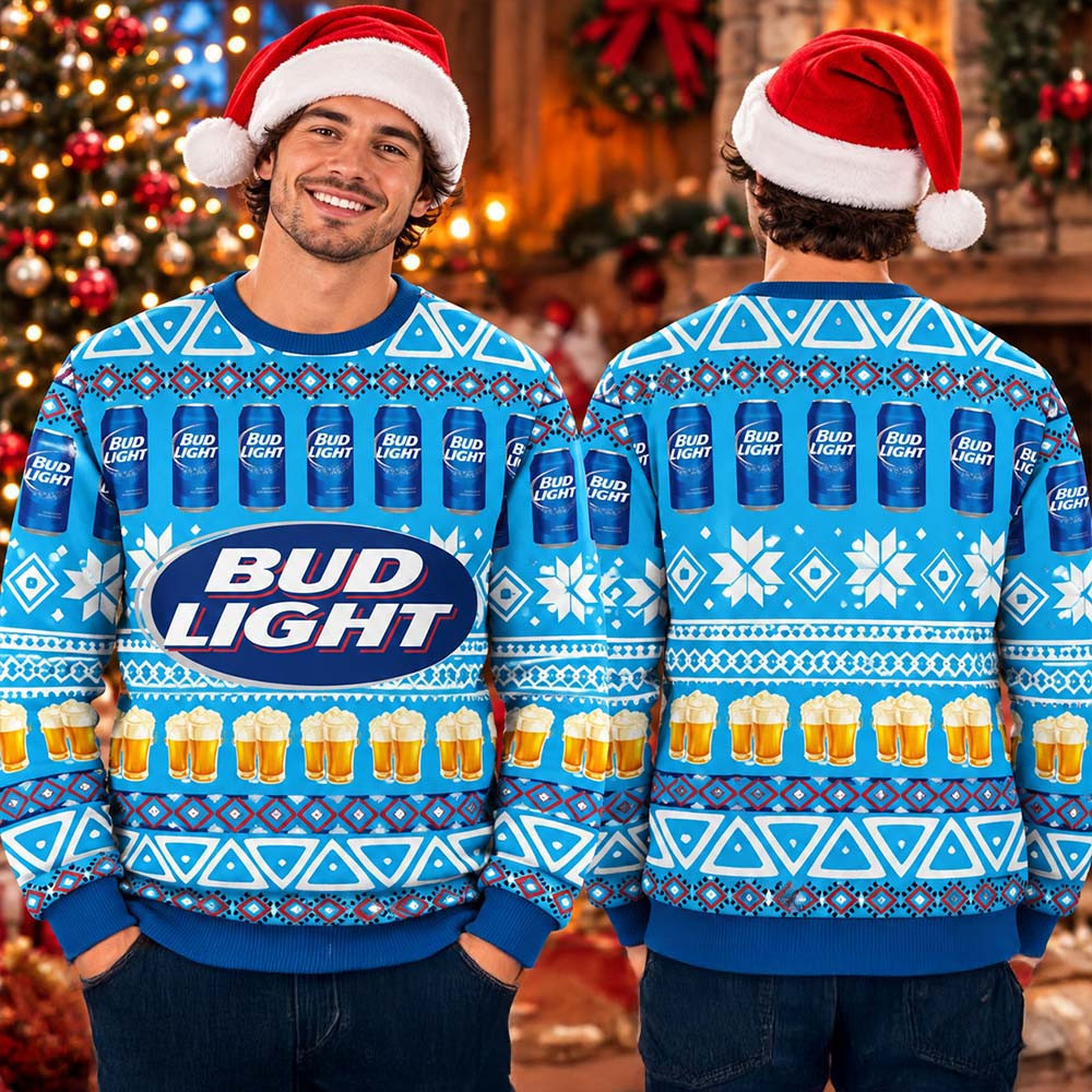 Bud Light Beer Can Pattern Blue Christmas Ugly Sweater Xmas Apparel Gifts For Beer Lover 1 - Unicasport Bud Light Beer Can Pattern Blue Christmas Ugly Sweater Xmas Apparel Gifts For Beer Lover