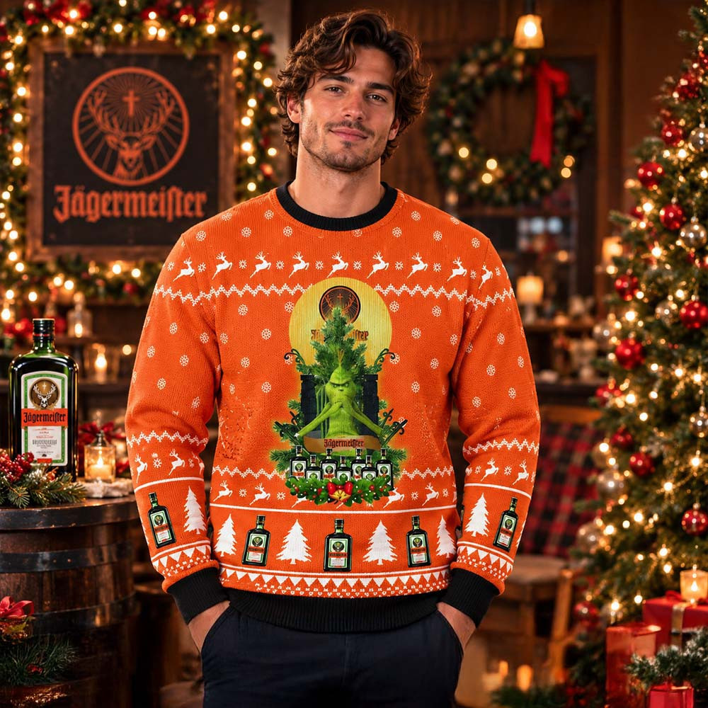 Jagermeister X Grinch Sitting Orange Knitting Christmas Ugly Sweater Xmas Gifts For Husband 1 - Unicasport Jagermeister X Grinch Sitting Orange Knitting Christmas Ugly Sweater Xmas Gifts For Husband