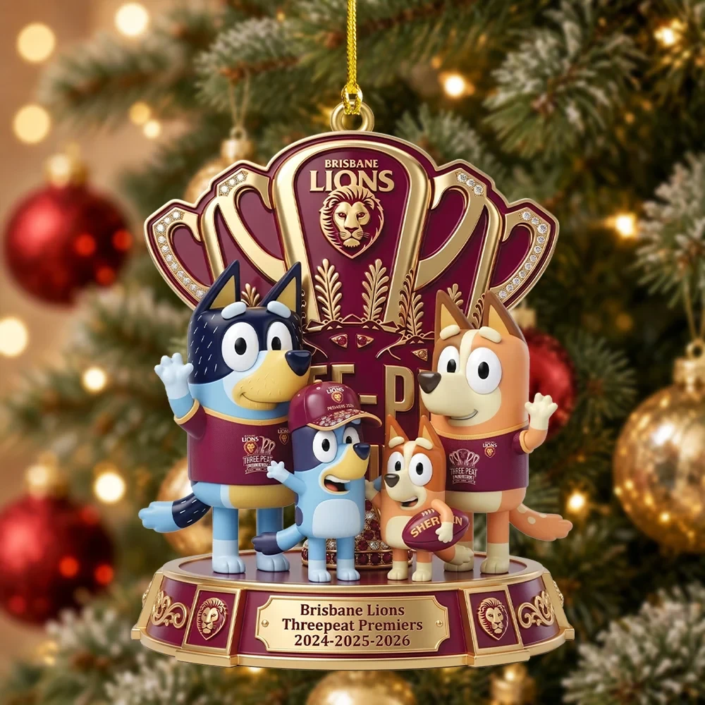 Brisbane Lions Three Peat Premiers X Bluey Christmas Ornament Brisbane Lions AFL Merch Decor