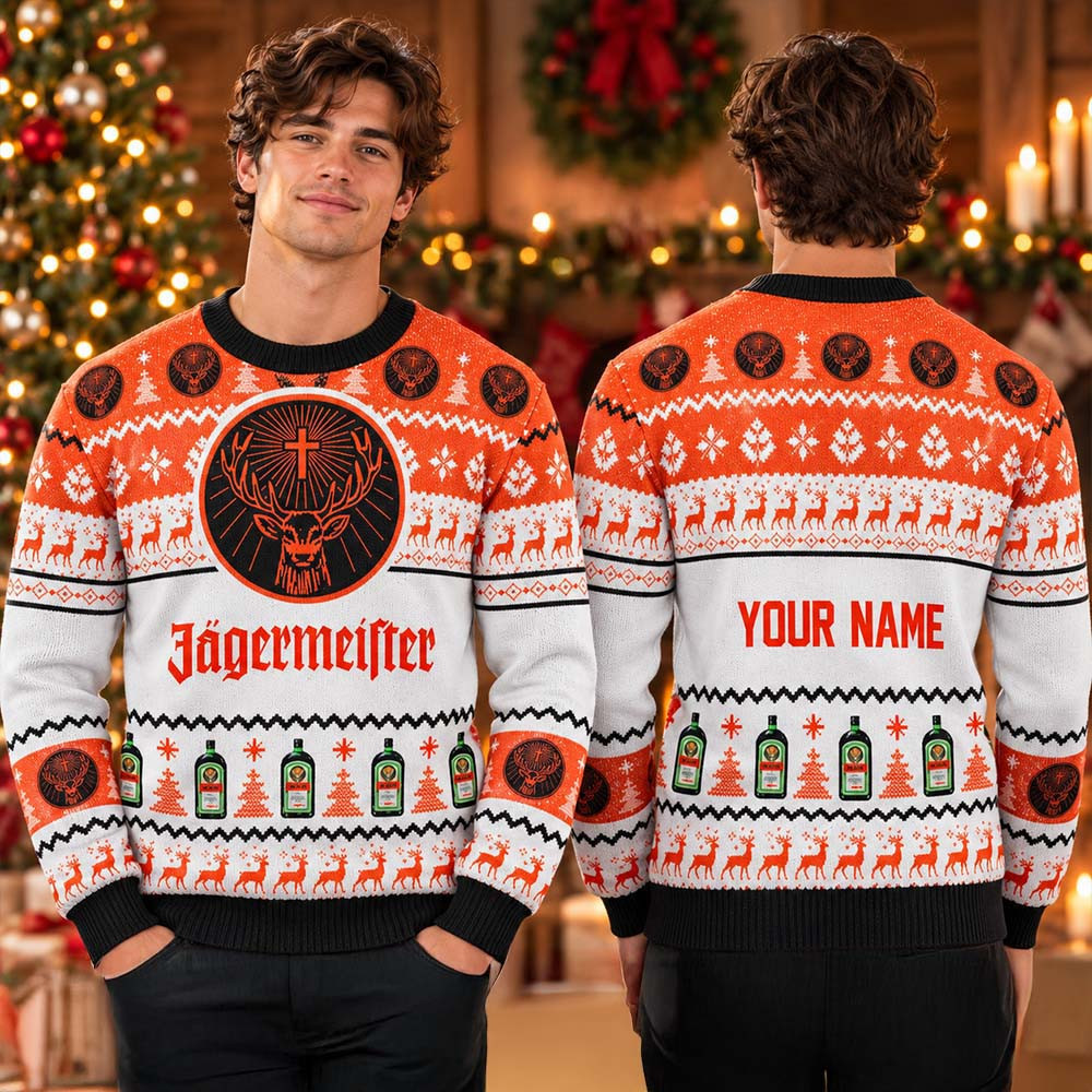 Custom Jagermeister Spirit Big Orange Logo Bottles Pattern Ugly Sweater Xmas Clothes Gifts For Dad 1 - Unicasport Custom Jagermeister Spirit Big Orange Logo Bottles Pattern Ugly Sweater Xmas Clothes Gifts For Dad