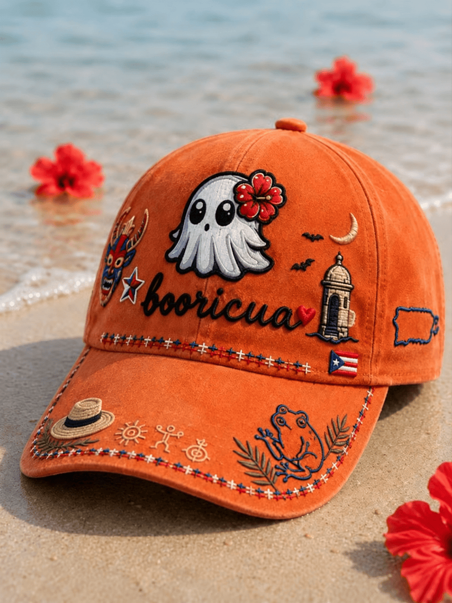 Booricua Puerto Rico Halloween Baseball Cap Orange Ghost Flag Hat Cute Gift For Him