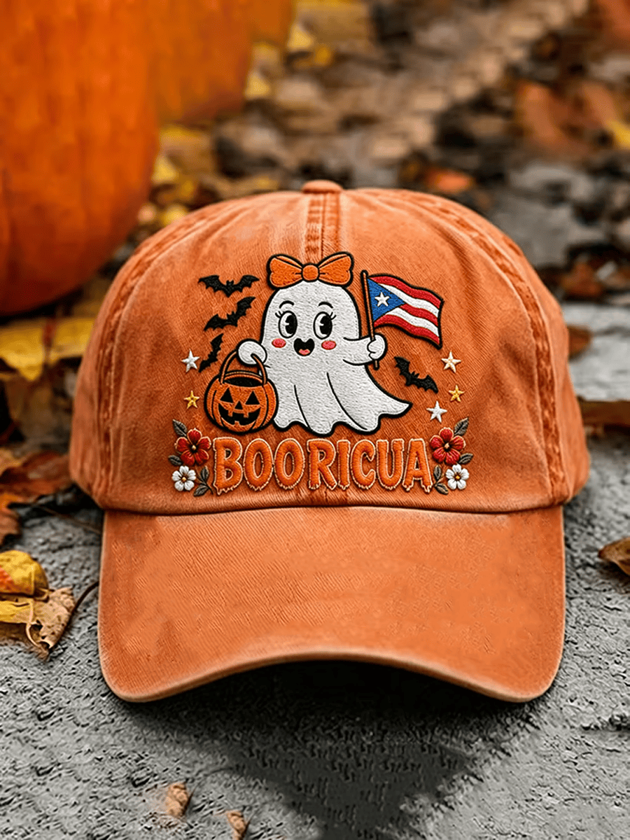 Boo-ricua Puerto Rico Ghost Halloween Baseball Cap Orange Ghost Flag Hat Cute Gift For Her