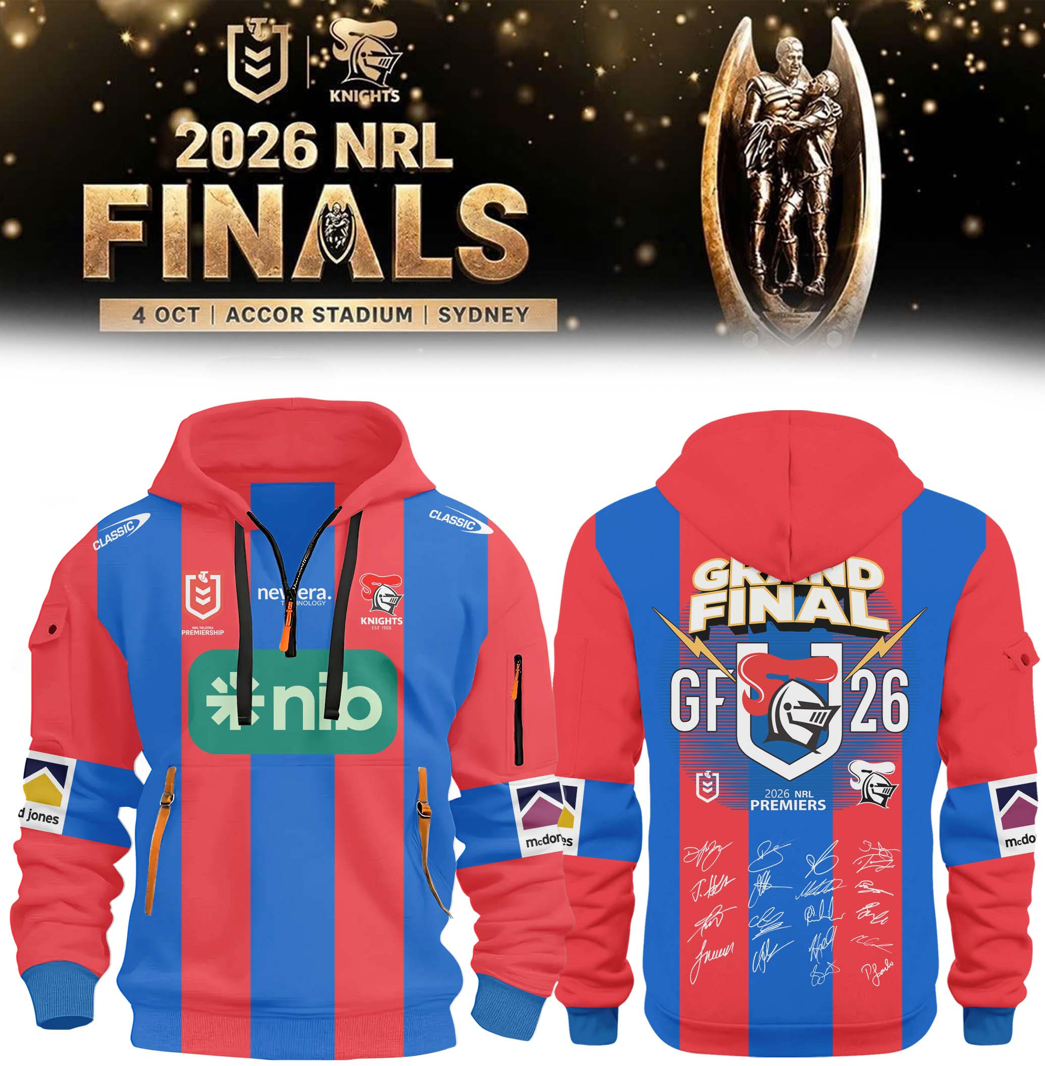 Newcastle Knights 2026 NRL Premiers Half Zip Hoodie Newcastle Knights Gear Gifts For Fans