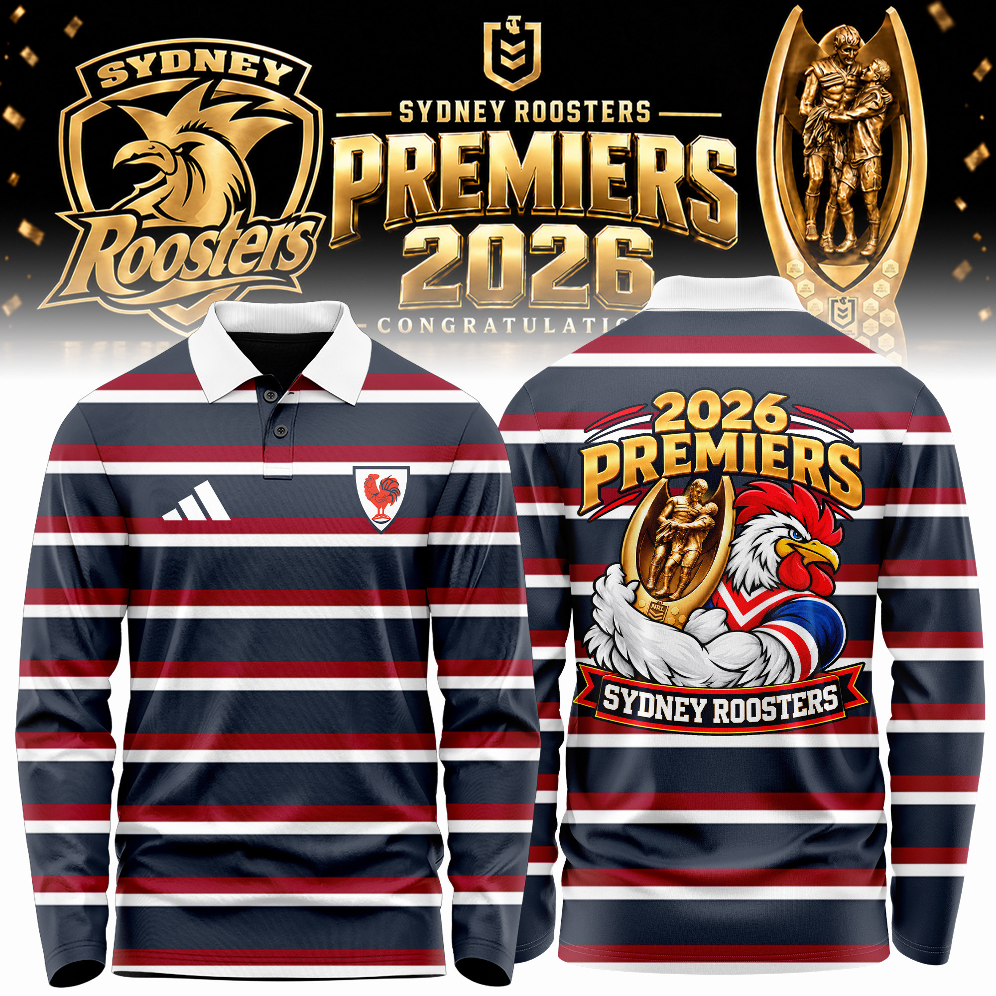 Sydney Roosters Merch 2026 NRL Premiers Polo Long Sleeve Shirt Best Gifts For Sydney Roosters Fans