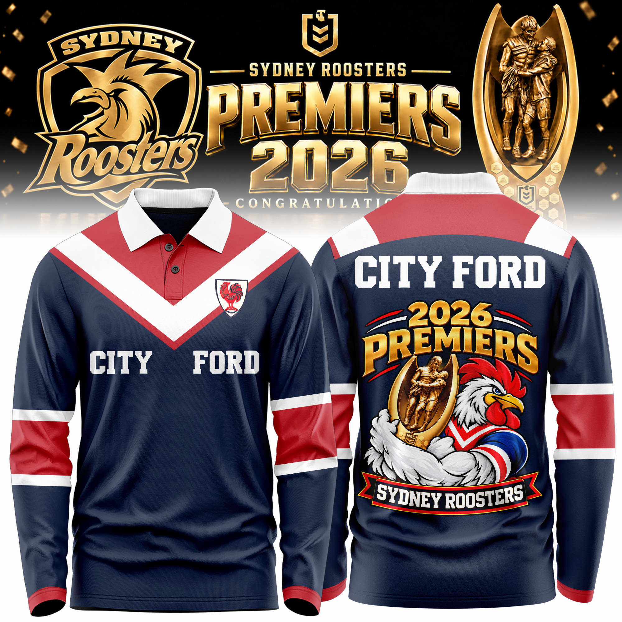 Sydney Roosters Merch 2026 NRL Premiers Polo Long Sleeve Shirt Presents For Rugby Fan