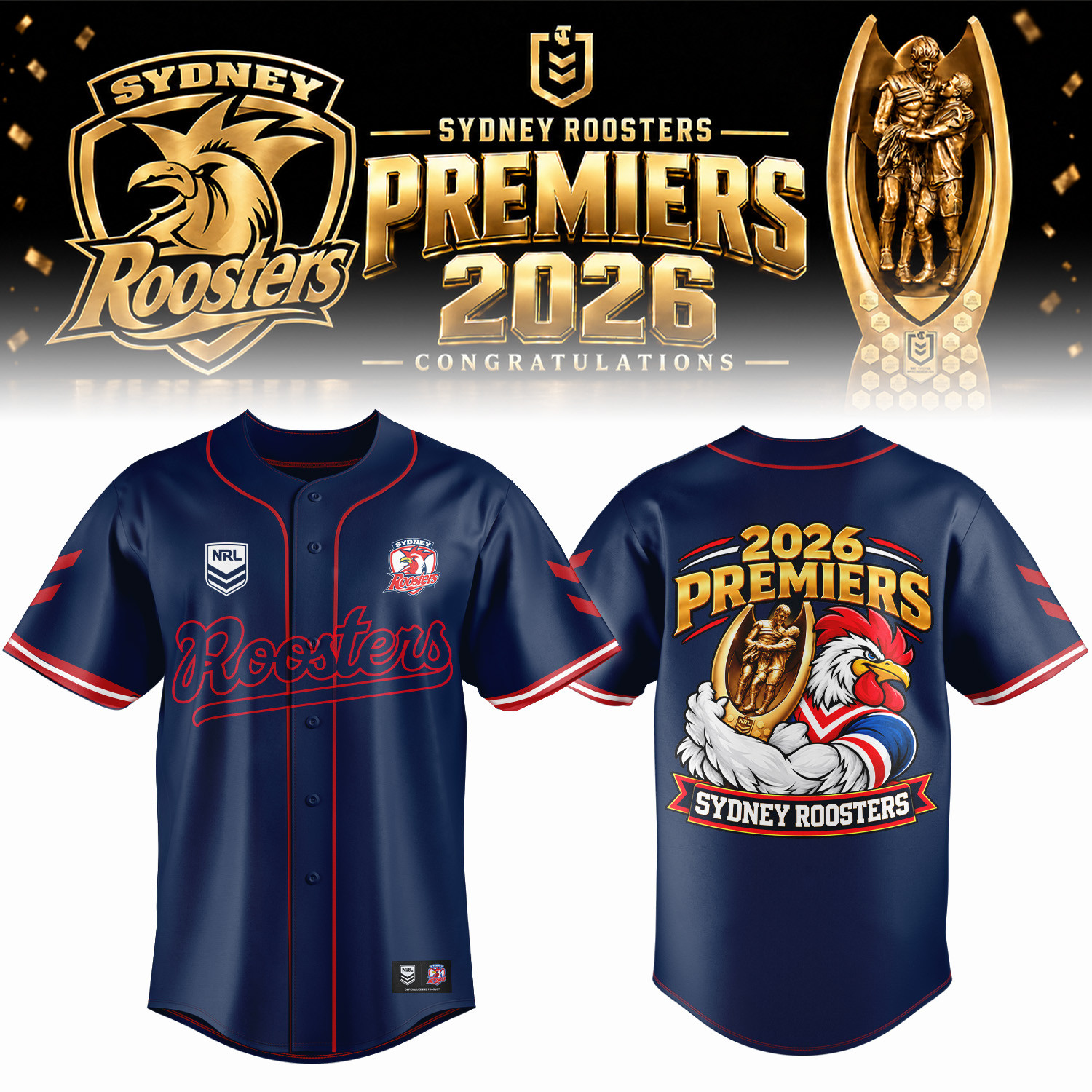 Sydney Roosters NRL 2026 Premiers Baseball Jersey Sydney Roosters Clothes Unique Fan Gears 1 - Unicasport Sydney Roosters NRL 2026 Premiers Baseball Jersey Sydney Roosters Clothes Unique Fan Gears