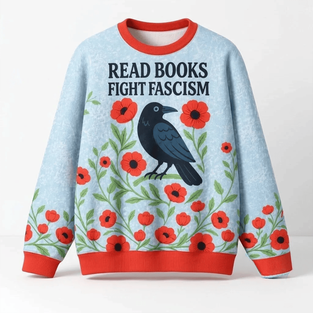 Read Books Fight Fascism Merch Crow And Poppies Christmas 2026 Sweatshirt Best Gift 1 - Unicasport Read Books Fight Fascism Merch Crow And Poppies Christmas 2026 Sweatshirt Best Gift