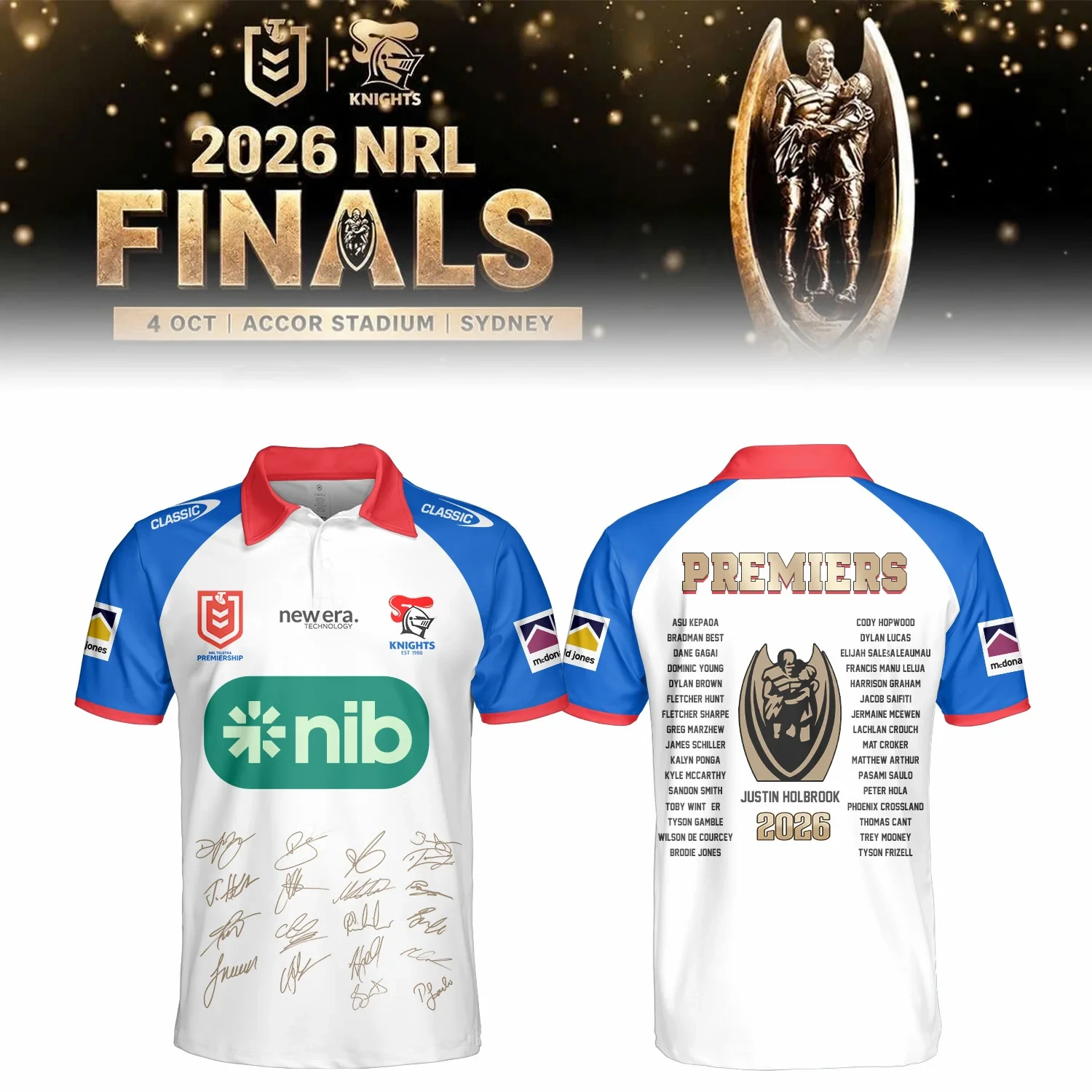Newcastle Knights Merch 2026 NRL Premiers Signatures Polo Shirt Present Idea For Boyfriend